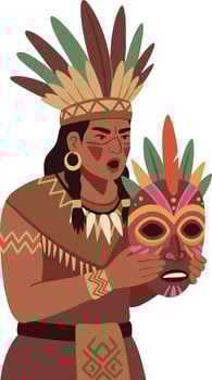 Indigenous person wearing feathered headdress holding colorful tribal mask illustration vector