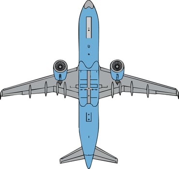 Commercial airplane top view illustration with blue fuselage and detailed wings design vector