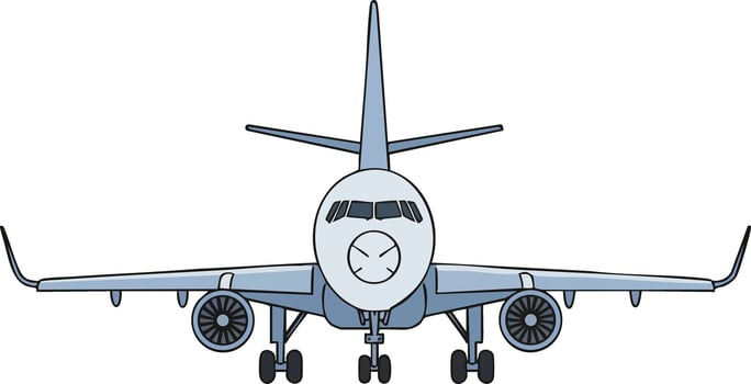 Front view of commercial airplane with engines and landing gear illustration on white background vector