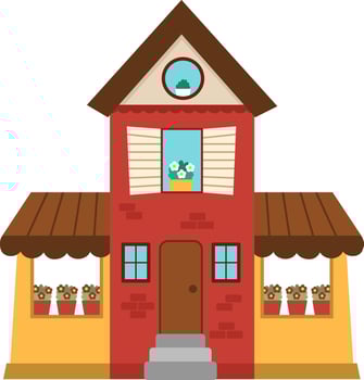 beautiful house icon. Residential building line illustration. Cute cottage with flowers. Funny little country, town or city picture with roof, walls, shutters vector