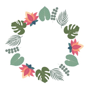 Round frame inspired by jungle scenery with tropical leaves and lush greenery vector