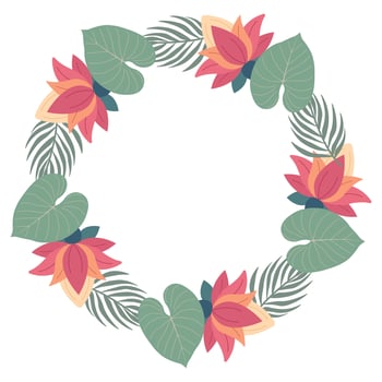Circular jungle motif featuring tropical leaves, dense foliage, and lotus blossoms vector