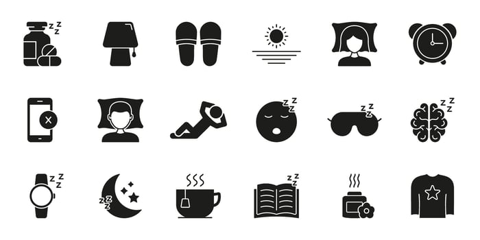 Sleep And Relaxation Silhouette Icon Set. Rest, Relaxation Techniques, And Nighttime Routine Solid Symbol Collection. Sleep Hygiene And Wellness. Isolated Illustration vector