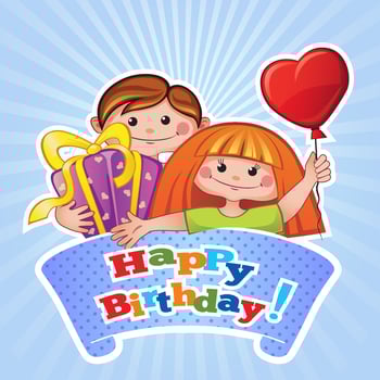 Happy birthday greeting card. Cute little girl and boy with gift and balloon vector