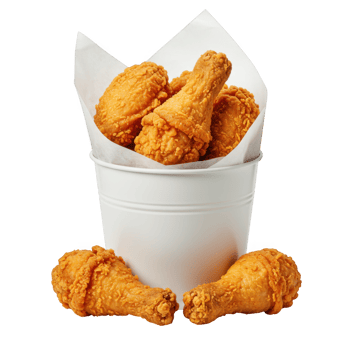 Crispy fried chicken drumsticks in white bucket isolated on transparent background png