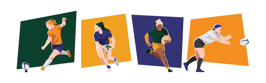 Women rugby player character set illustration. Sport, game, activity concept. Flat cartoon graphic vector