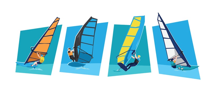 Windsurfing male athlete character illustration. Water sport, extreme. Cartoon flat style. vector