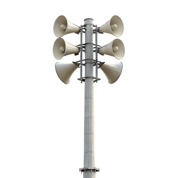 Outdoor tornado siren tower with speaker horns warning system on transparent background png