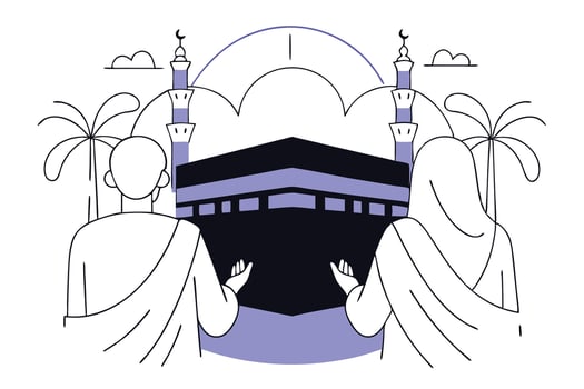 Devout couple in traditional Hajj attire standing peacefully reflecting the religious significance and solemnity of the pilgrimage to the holy sites in Mecca vector