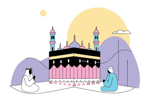 Detailed and expressive Islamic art featuring a couple in prayer before the holy Kaaba mosque offering a peaceful ambiance and spiritual focus for your project vector