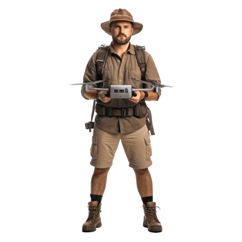 Jungle explorer preparing drone mapping ancient ruins on transparent background png
