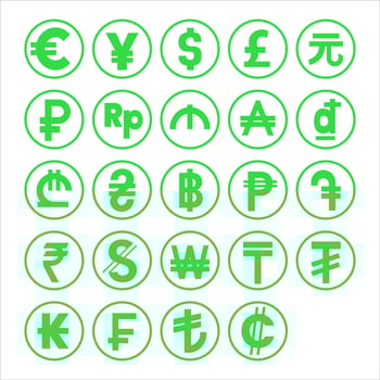 Draw collection of green currency symbols set with simple concept design isolated on white background vector