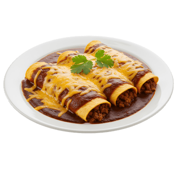 Three Beef Enchiladas Topped with Melted Cheese and Red Sauce png