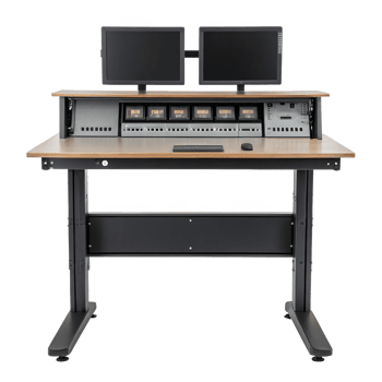 Modern ergonomic standing desk with dual monitors and control panel on transparent background png