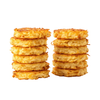 Two stacks of golden brown hash browns on transparent background png