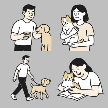 Caring pet owners interacting with dogs and cats, showcasing love and companionship vector