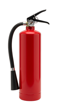 Red Metal Fire Extinguisher with Hose and Nozzle on Transparent Background png