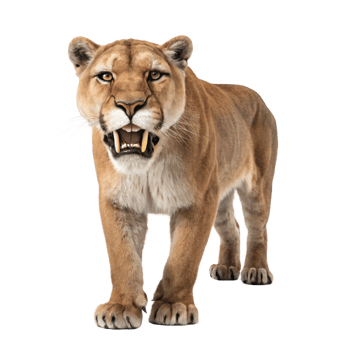 Smilodon saber toothed cat walking and showing teeth on transparent background png