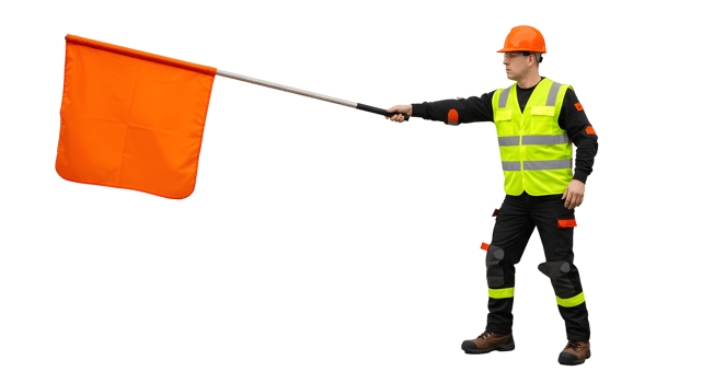 Construction Worker Signaling with Orange Flag png