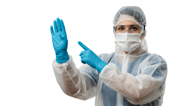 Female Doctor in Protective Gear Pointing with Blue Gloves png