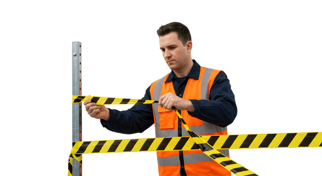 Construction Worker Securing Yellow and Black Caution Tape png