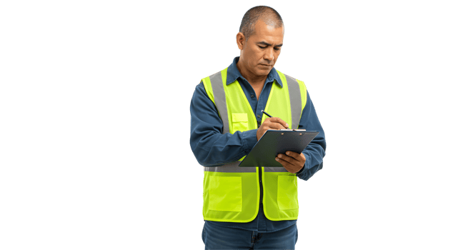Focused Man in Safety Vest Writing on Clipboard png