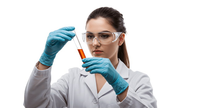 Focused Female Scientist in Lab Coat Examining Orange Liquid in Test Tube png