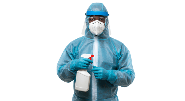 Man in Blue Protective Suit Holding Disinfectant Spray Bottle png