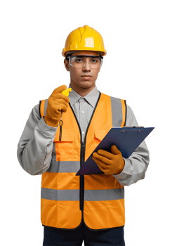 Portrait of a Construction Worker in Safety Gear Holding a Clipboard and Whistle png