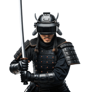Samurai warrior wearing vr headset and holding katana on transparent background png