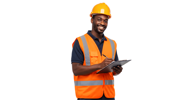 Smiling Black Construction Worker Writing on Clipboard png