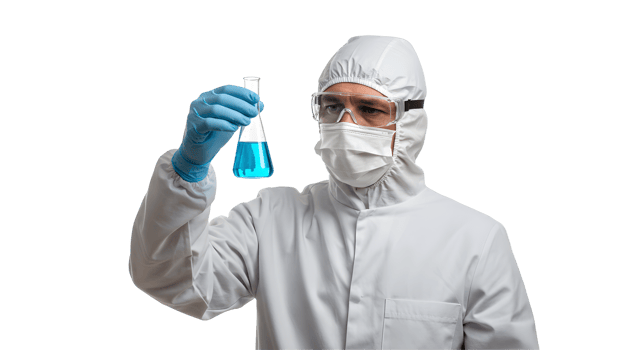 Scientist in Protective Gear Examining Blue Liquid in Beaker png