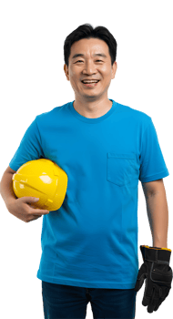 Smiling Construction Worker in Blue Shirt Holding Yellow Helmet png