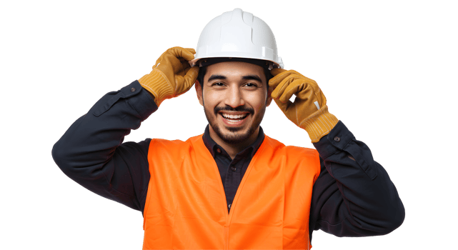 Smiling Construction Worker Adjusting Hard Hat png