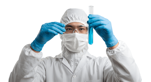 Scientist in Protective Gear Examining Blue Liquid in Test Tube png