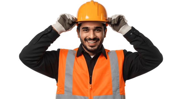 Smiling Construction Worker in Orange Vest and Hard Hat png