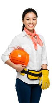 Smiling Female Engineer in White Shirt Holding Orange Helmet png