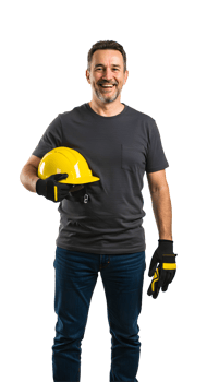 Smiling Man Holding Yellow Hard Hat Against Black Background png