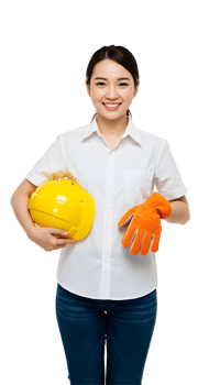 Smiling Woman Construction Worker Holding Helmet and Gloves png