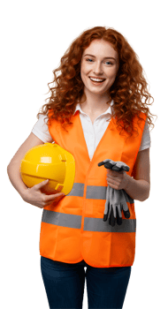 Smiling Woman Construction Worker in Orange Vest Holding Helmet and Gloves png