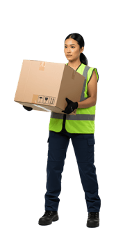 Woman in Green Vest Carrying Large Cardboard Box png