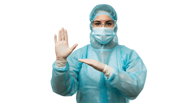 Woman in Light Blue Protective Suit Making Stop Gesture png