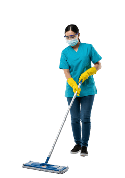 Woman in Teal Uniform and Yellow Gloves Using a Mop for Cleaning png