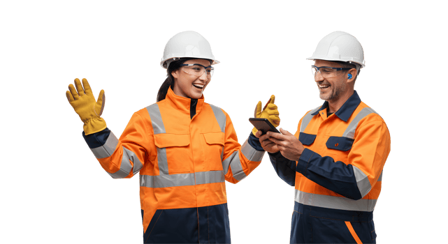 Two Construction Workers Using a Tablet, Wearing Safety Gear and Orange Jumpsuits png