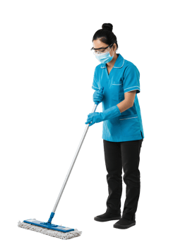 Woman in Blue Uniform Mopping Floor While Wearing Protective Gear png