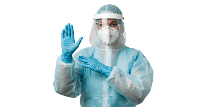 Woman in Protective Medical Gear Gesturing Stop on Transparent Background png