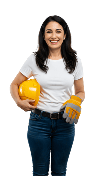Smiling Woman Construction Worker Holding Yellow Hard Hat and Gloves png
