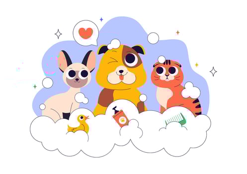 Illustration of Pet Grooming Tools and Clean Pets in Cartoon Style vector