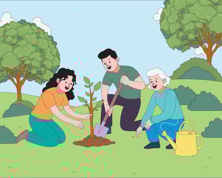 Flat cartoon illustration of people from different generations planting a tree together for World Environment Day. Great for eco awareness, sustainability, and community care themes. vector