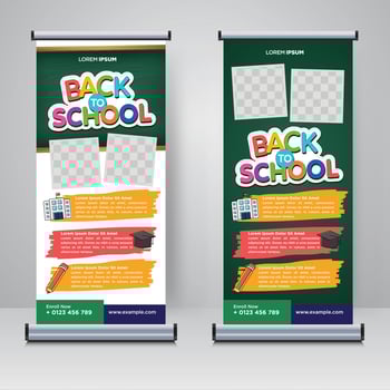 Back to school roll up banner, educational elements design template vector